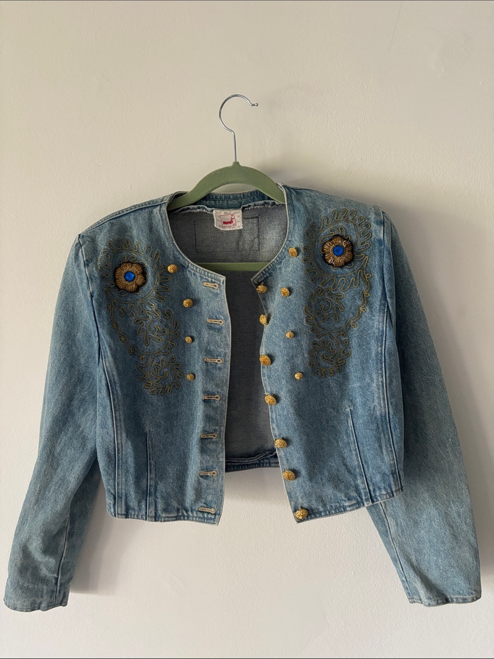 Vintage Mondi cropped Light Blue Denim Jacket with Gold Embroidery 38
